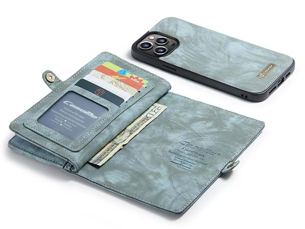 CaseMe 2-in-1 Synthetic Leather Wallet Case for iPhone 13 Pro Max - Teal/Ash