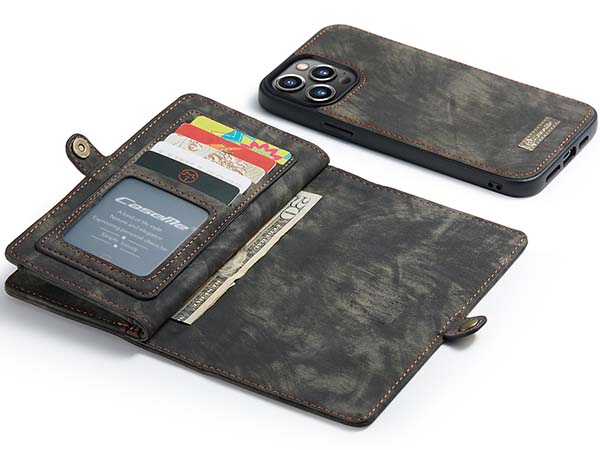 CaseMe 2-in-1 Synthetic Leather Wallet Case for iPhone 13 Pro Max - Khaki/Grey