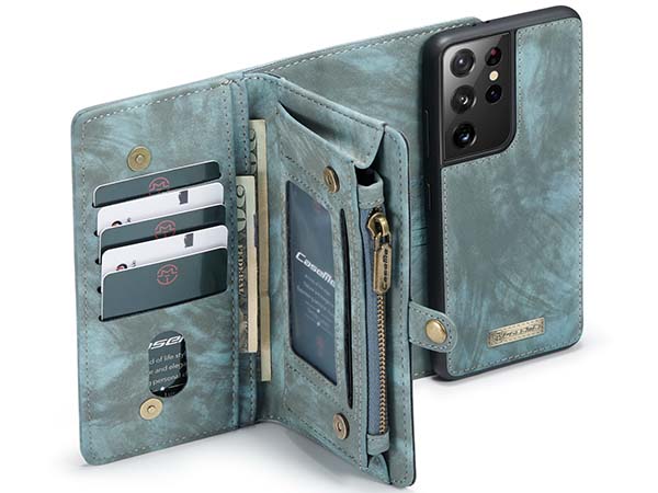 CaseMe 2-in-1 Synthetic Leather Wallet Case for Samsung Galaxy S21 Ultra - Teal/Ash