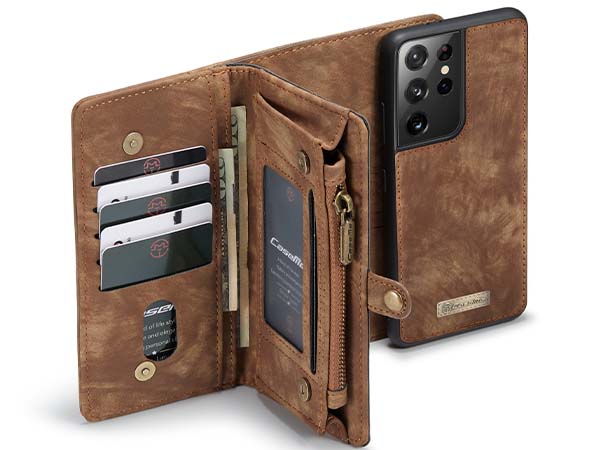 CaseMe 2-in-1 Synthetic Leather Wallet Case for Samsung Galaxy S21 Ultra - Beige/Tan