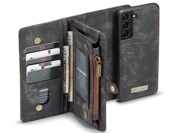 CaseMe 2-in-1 Synthetic Leather Wallet Case for Samsung Galaxy S21+ - Khaki/Grey