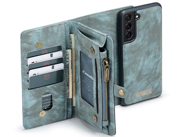 CaseMe 2-in-1 Synthetic Leather Wallet Case for Samsung Galaxy S21+ - Teal/Ash