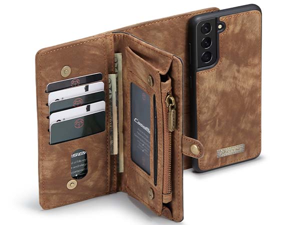 CaseMe 2-in-1 Synthetic Leather Wallet Case for Samsung Galaxy S21 - Beige/Tan