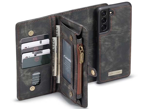 CaseMe 2-in-1 Synthetic Leather Wallet Case for Samsung Galaxy S21 - Khaki/Grey