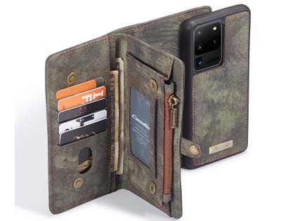 CaseMe 2-in-1 Synthetic Leather Wallet Case for Samsung Galaxy S20 - Khaki/Grey