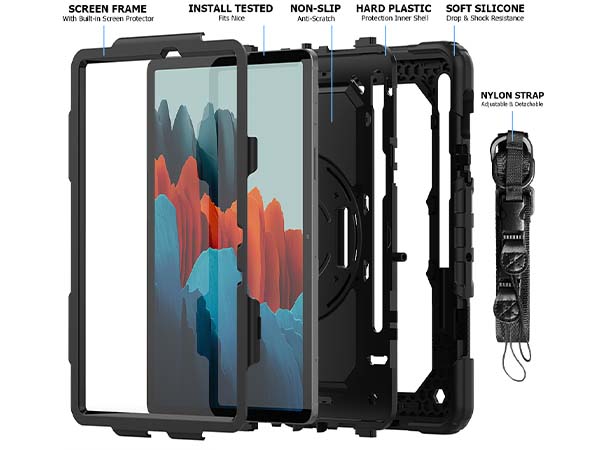 Rugged Impact Case with Strap for Samsung Galaxy Tab S7 - Classic Black