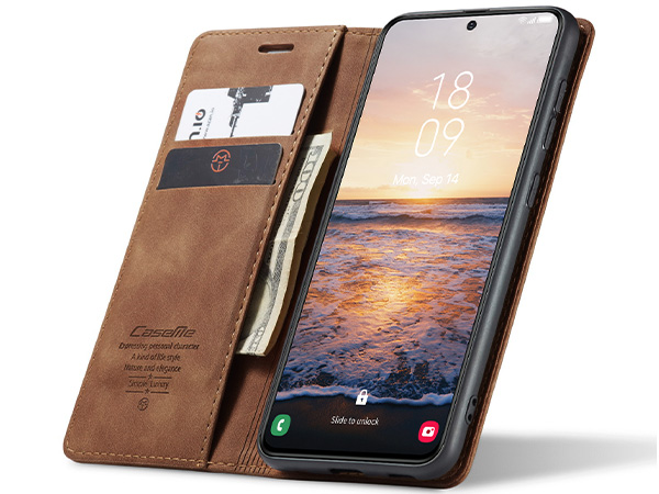 CaseMe Slim Synthetic Leather Wallet Case with Stand for Samsung Galaxy S23 - Tan
