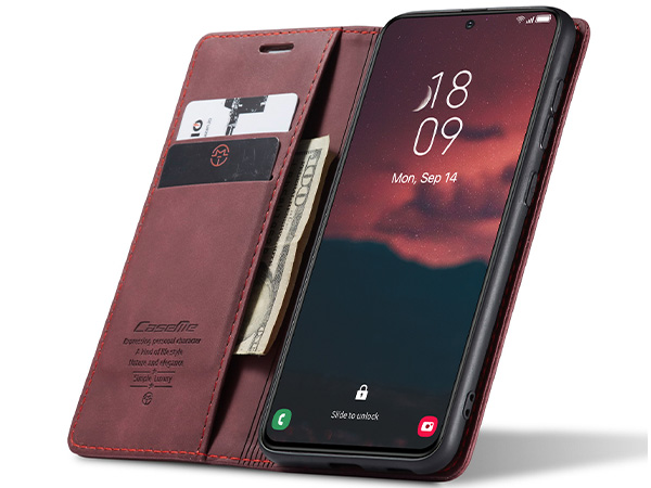 CaseMe Slim Synthetic Leather Wallet Case with Stand for Samsung Galaxy S23+ - Burgundy