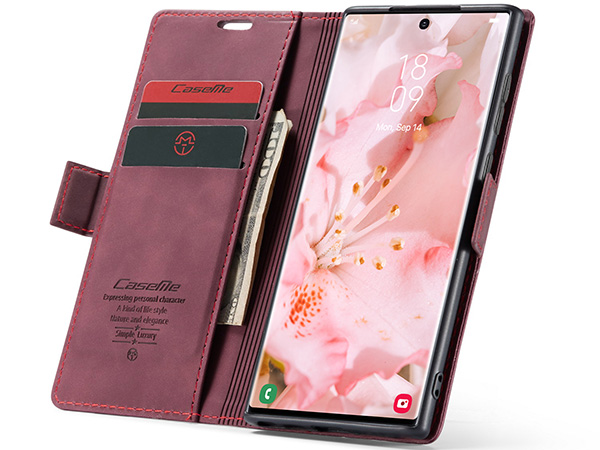CaseMe Slim Synthetic Leather Wallet Case with Stand for Samsung Galaxy S23 Ultra - Burgundy