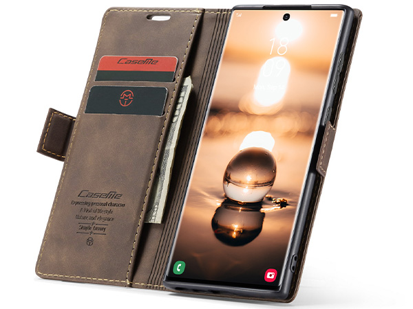 CaseMe Slim Synthetic Leather Wallet Case with Stand for Samsung Galaxy S23 Ultra - Chocolate