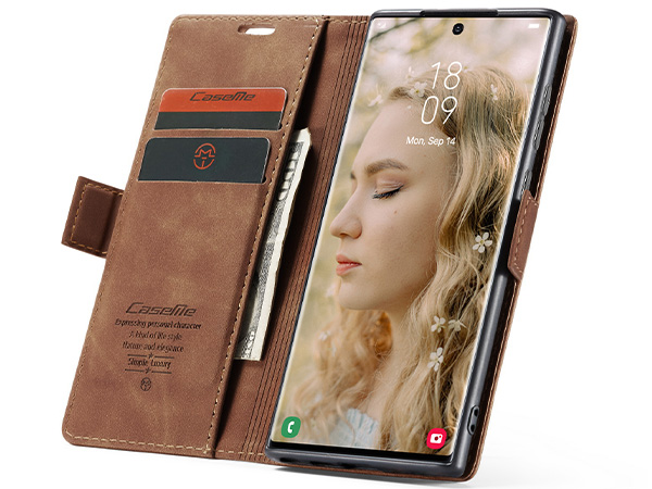 CaseMe Slim Synthetic Leather Wallet Case with Stand for Samsung Galaxy S23 Ultra - Tan