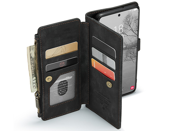 CaseMe Synthetic Leather Wallet Case with Zipper Pocket for Samsung Galaxy S23 - Charcoal