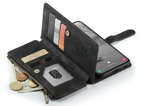 CaseMe Synthetic Leather Wallet Case with Zipper Pocket for Samsung Galaxy S23 - Charcoal