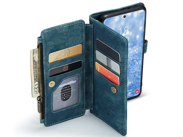 CaseMe Synthetic Leather Wallet Case with Zipper Pocket for Samsung Galaxy S23 - Teal