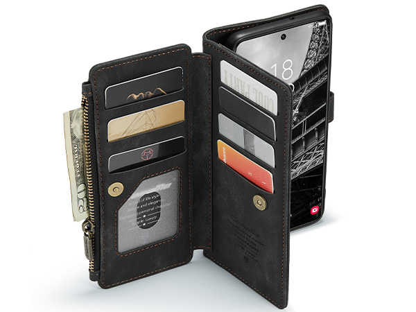 CaseMe Synthetic Leather Wallet Case with Zipper Pocket for Samsung Galaxy S23+ - Charcoal
