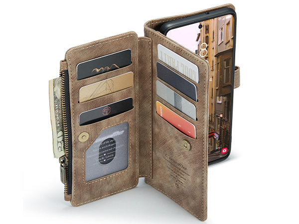 CaseMe Synthetic Leather Wallet Case with Zipper Pocket for Samsung Galaxy S23+ - Desert Taupe