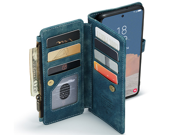 CaseMe Synthetic Leather Wallet Case with Zipper Pocket for Samsung Galaxy S23+ - Teal