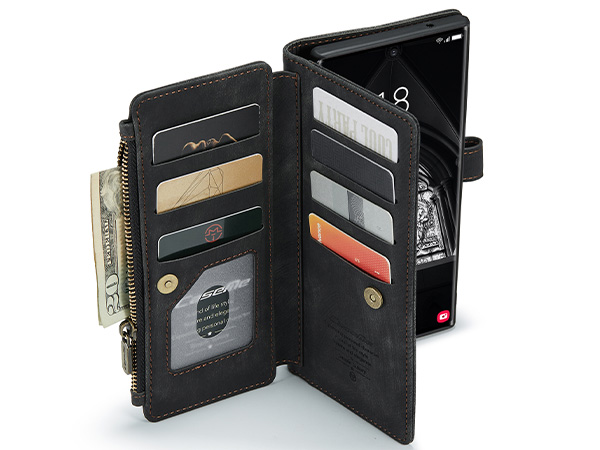 CaseMe Synthetic Leather Wallet Case with Zipper Pocket for Samsung Galaxy S23 Ultra - Charcoal