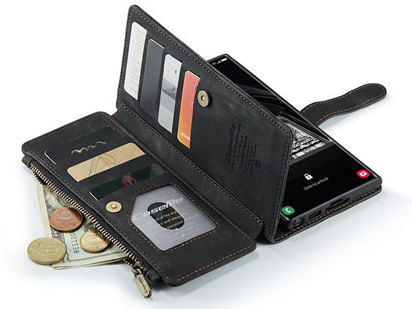 CaseMe Synthetic Leather Wallet Case with Zipper Pocket for Samsung Galaxy S23 Ultra - Charcoal