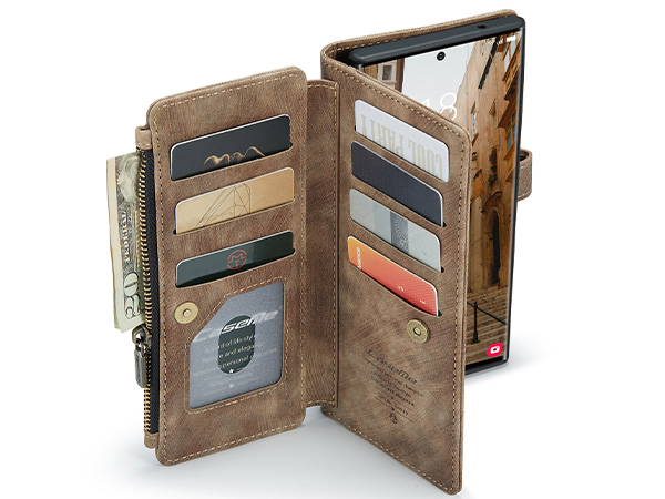 CaseMe Synthetic Leather Wallet Case with Zipper Pocket for Samsung Galaxy S23 Ultra - Desert Taupe