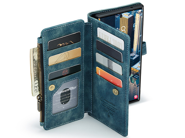 CaseMe Synthetic Leather Wallet Case with Zipper Pocket for Samsung Galaxy S23 Ultra - Teal