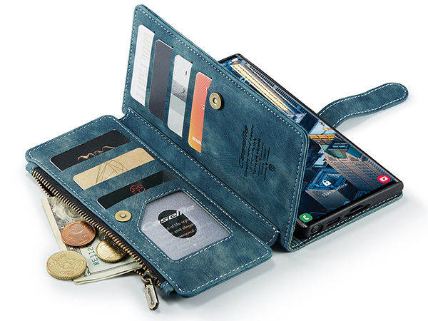 CaseMe Synthetic Leather Wallet Case with Zipper Pocket for Samsung Galaxy S23 Ultra - Teal