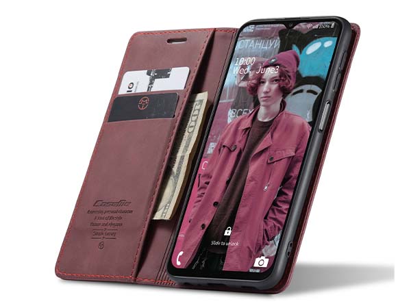 CaseMe Slim Synthetic Leather Wallet Case with Stand for Samsung Galaxy A04s - Burgundy