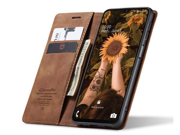 CaseMe Slim Synthetic Leather Wallet Case with Stand for Samsung Galaxy A04s - Tan