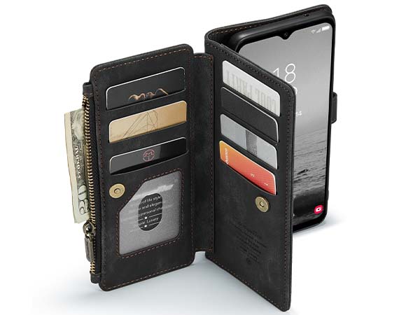 CaseMe Synthetic Leather Wallet Case with Zipper Pocket for Samsung Galaxy A14 - Charcoal