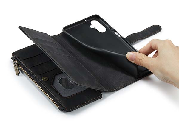 CaseMe Synthetic Leather Wallet Case with Zipper Pocket for Samsung Galaxy A14 - Charcoal