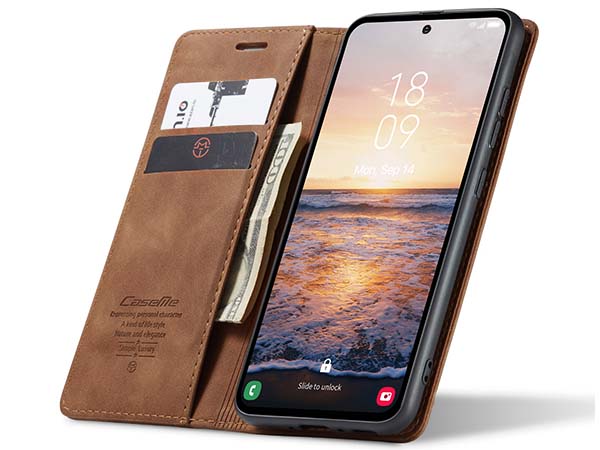 CaseMe Slim Synthetic Leather Wallet Case with Stand for Samsung Galaxy A34 - Tan