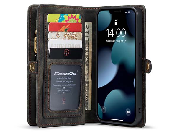 CaseMe 2-in-1 Synthetic Leather Wallet Case for iPhone 14 - Khaki/Grey
