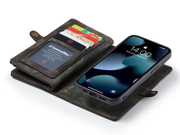 CaseMe 2-in-1 Synthetic Leather Wallet Case for iPhone 14 - Khaki/Grey