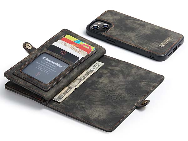 CaseMe 2-in-1 Synthetic Leather Wallet Case for iPhone 14 - Khaki/Grey