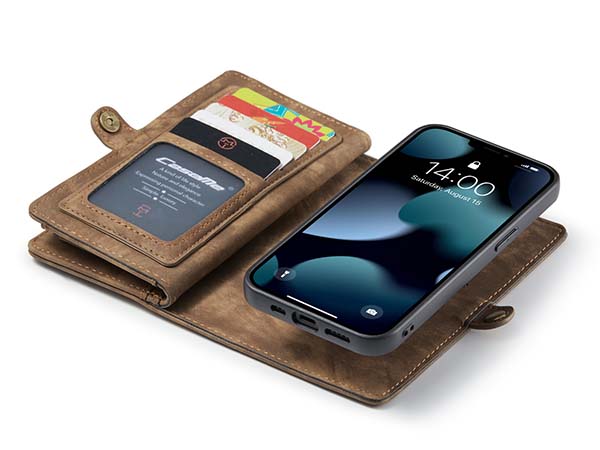 CaseMe 2-in-1 Synthetic Leather Wallet Case for iPhone 14 - Beige/Tan