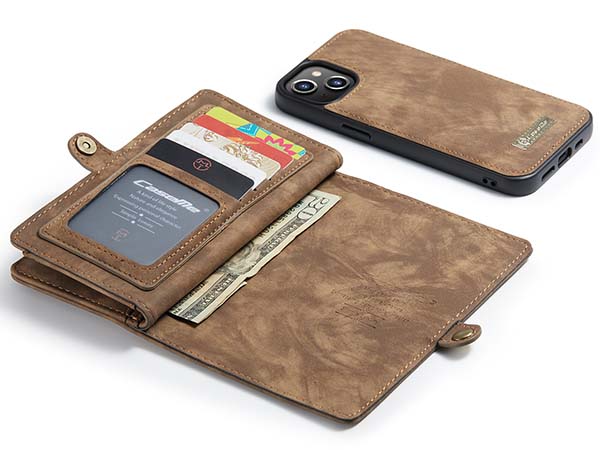 CaseMe 2-in-1 Synthetic Leather Wallet Case for iPhone 14 - Beige/Tan