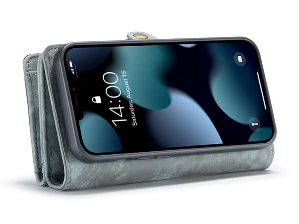 CaseMe 2-in-1 Synthetic Leather Wallet Case for iPhone 14 - Teal/Ash