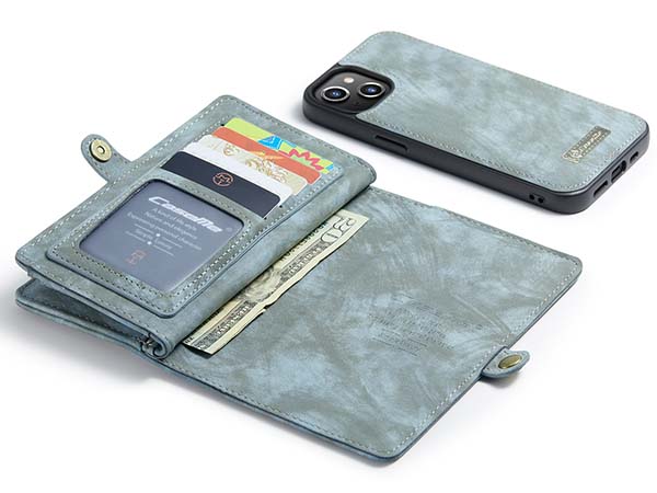 CaseMe 2-in-1 Synthetic Leather Wallet Case for iPhone 14 - Teal/Ash
