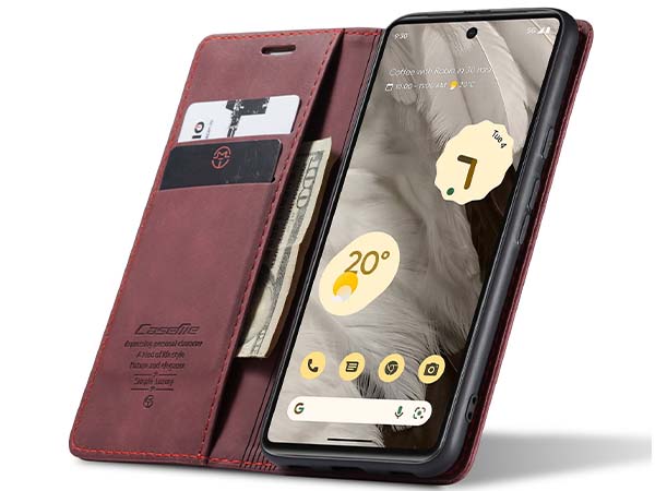 CaseMe Slim Synthetic Leather Wallet Case with Stand for Google Pixel 7a - Burgundy