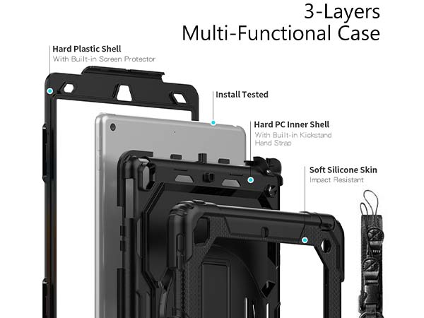 Rugged Impact Case with Strap for Apple iPad 7/8th Gen - Classic Black