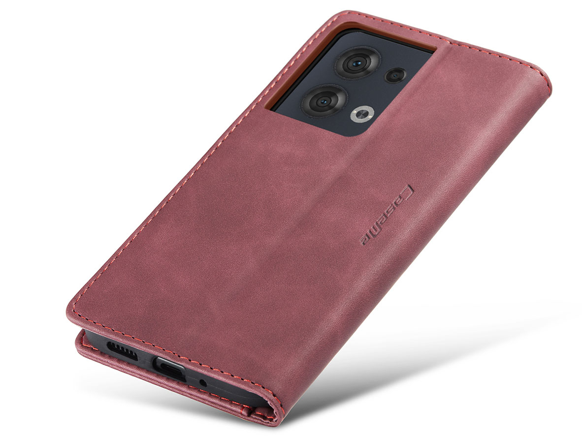 CaseMe Slim Synthetic Leather Wallet Case with Stand for OPPO Reno8 5G - Burgundy