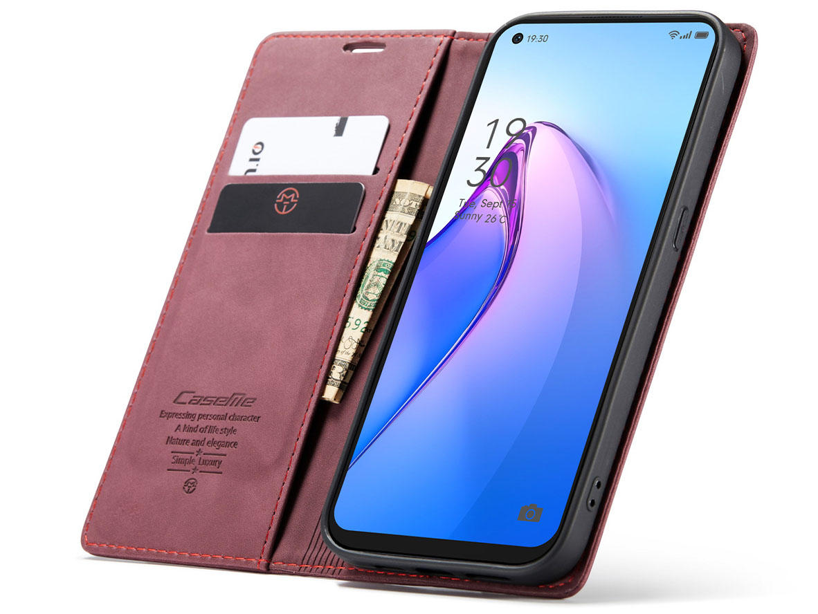 CaseMe Slim Synthetic Leather Wallet Case with Stand for OPPO Reno8 5G - Burgundy