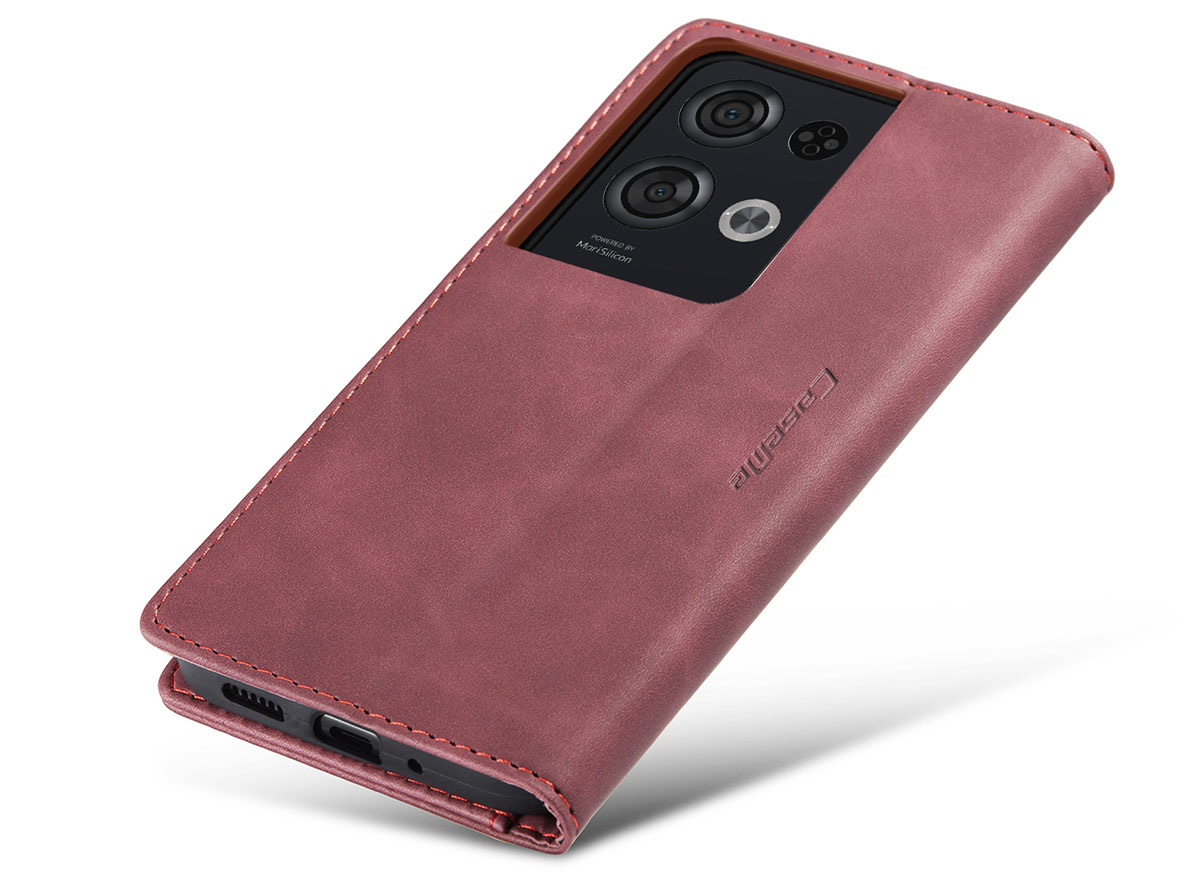 CaseMe Slim Synthetic Leather Wallet Case with Stand for OPPO Reno8 Pro - Burgundy