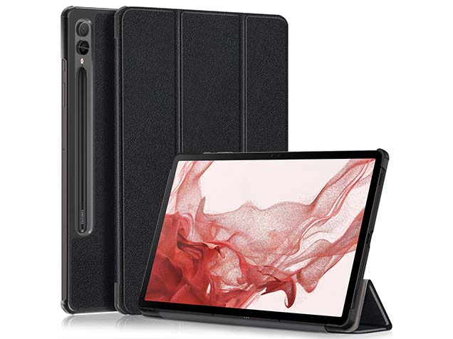 Slim Synthetic Leather Flip Case with Stand for Samsung Galaxy Tab S9+ - Black Leather Flip Case