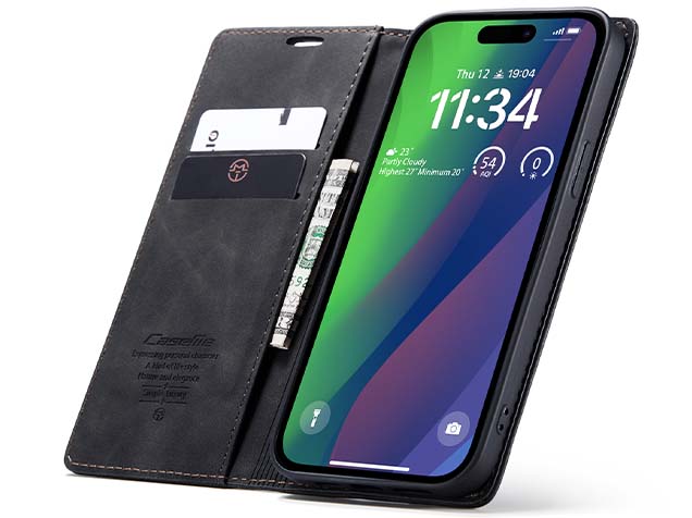 CaseMe Slim Synthetic Leather Wallet Case with Stand for iPhone 15 - Charcoal