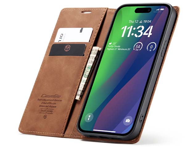 CaseMe Slim Synthetic Leather Wallet Case with Stand for iPhone 15 - Tan