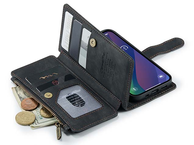 CaseMe Synthetic Leather Wallet Case with Zipper Pocket for iPhone 15 - Charcoal