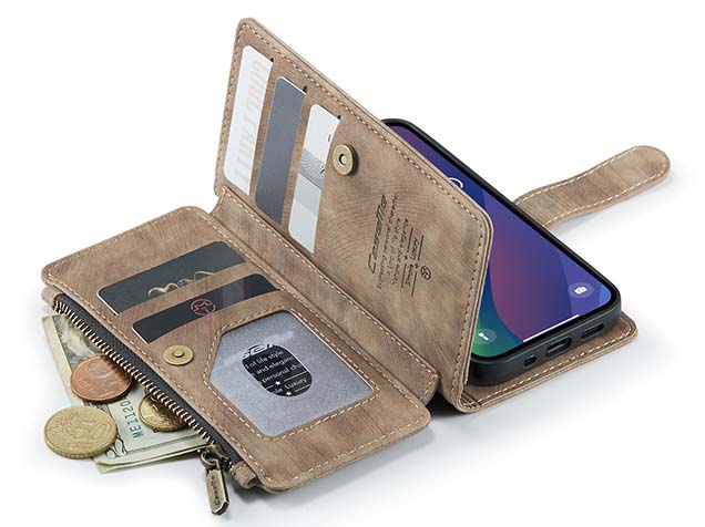CaseMe Synthetic Leather Wallet Case with Zipper Pocket for iPhone 15 - Desert Taupe