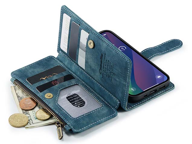 CaseMe Synthetic Leather Wallet Case with Zipper Pocket for iPhone 15 - Teal