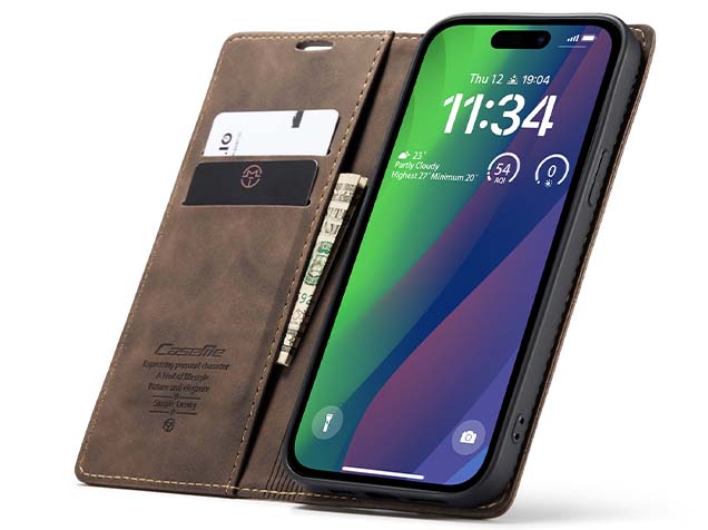 CaseMe Slim Synthetic Leather Wallet Case with Stand for iPhone 15 Plus - Chocolate